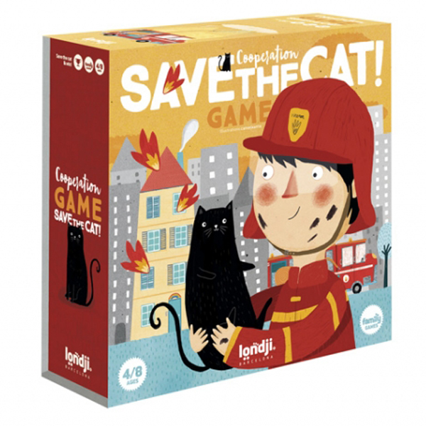 Londji Save the cat spel vanaf 4 jaar Save the cat is een coöperatief spel waarbij we de brandweermannen helpen het vuur te blussen om de kittens te redden die opgesloten zitten op het dak. Het educatief spel bevorderd samenspel om de beste strategie te bedenken om de kittens te redden. Al spelenderwijs leer je ook de waarde van cijfers. Save the cat is een spel van het Spaanse merk Londji uit Barcelona. Gedrukt op ecologisch karton en milieuvriendelijke inkt. Duurtijd van het strategisch spel is 15 minuten,aantal spelers tussen 2 en 8. Leeftijd tussen 4 en 8 jaar oud.
