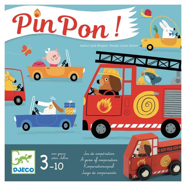 Djeco Pin Pon spel vanaf 3 jaar Pin Pon is een samenwerkingsspel voor kinderen vanaf 3-6 jaar. Brand! De sirene gaat af in de brandweerkazerne. Er staat een huis in brand! Help jij de brandweer om op tijd te komen zodat de brand kan worden geblust en het huis niet afbrandt? De mooie illustraties zijn van Linzie Hunter voor het Franse merk Djeco. Speelduur: 15 minuten Leeftijd:3-6 jaar Aantal spelers: 2-5 