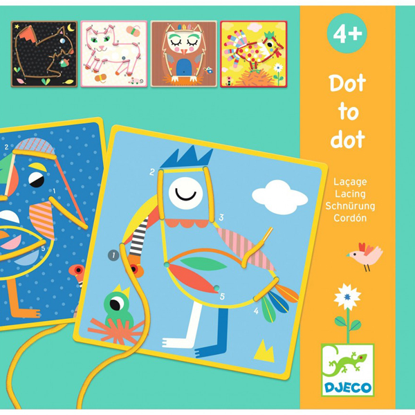 Djeco Dot to dot telspel vanaf 4 jaar Dot to dot is een verbind de cijfers spel van het Franse merk Djeco. Met de gekleurde veter ipv een potlood leer je te tellen en te verbinden. In de stevige opbergdoos zitten 8 kaarten van 20cm x 20cm met dubbelzijdige mooie dieren illustraties en gekleurde veters. Dot to dot is een verbind en telspel voor kinderen vanaf 4 jaar. Gemaakt van 100% FSC papier.