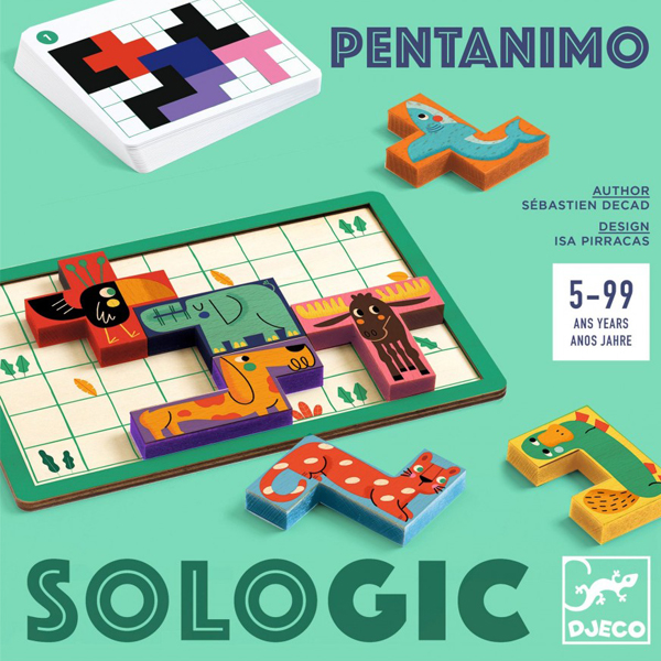 Djeco Sologic pentanimo vanaf 5 jaar Sologic Pentanimo is een geduldspel met 7 houten stukken met grappige dieren,3D uitdagingskaarten om alle dieren op het speelbord in elkaar te passen en,..een flinke portie denkwerk om uit te vinden welk dier er ontbreekt. Voor elke uitdaging is er maar één oplossing. In de stevige opbergdoos zit een speelbord, 7 houten speelfiguren en 30 3D uitdagingskaarten. Het sologic geduldspel is gedrukt op 100% FSC papier en geschikt voor kinderen vanaf 5 jaar.