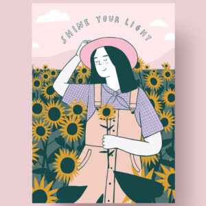 Postkaart Shine your light  Shine your light is een prachtige postkaart met zonnebloemen. Gedrukt op 350 grams natuurlijk karton. Afmeting:A6 10,5cm x 14.8cm Inclusief witte enveloppe.