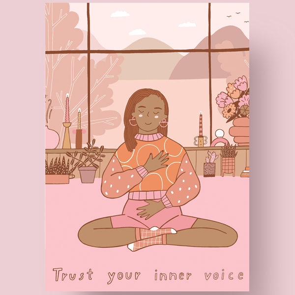 Postkaart Trust your inner voice Trust your inner voice is een prachtige postkaart over zelfvertrouwen. Gedrukt op 350 grams natuurlijk karton. Afmeting:A6 10,5cm x 14.8cm Inclusief witte enveloppe