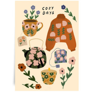 Cozy days postkaart Cozy days is een digitaal ontworpen A6 postkaart inclusief witte enveloppe. Afmeting: 10,5cm x 14,8cm